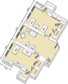 the floor plan for a two bedroom apartment with an attached kitchen and living room area