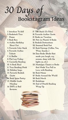 the 30 days of bookstagramm ideas list is shown with an open book on top