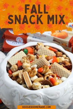 fall snack mix in a white bowl with the title overlay that reads, fall snack mix