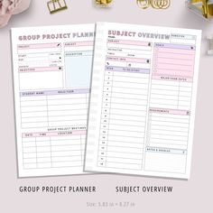 the group project planner is shown on top of a desk with gold and pink decorations