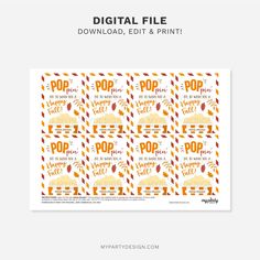 the digital file for popcorn pop is available in several different colors and sizes, including oranges