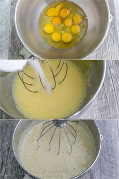 three pictures showing how to make an egg mixture