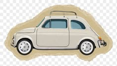 an old car with a surfboard on the roof is shown in this drawing style