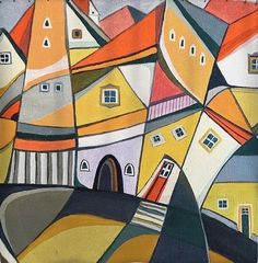 an abstract painting of houses and hills