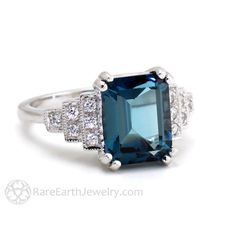 Art Deco Emerald Cut London Blue Topaz Ring Rare Earth Jewelry