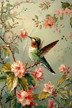 a painting of a hummingbird perched on a branch with pink flowers