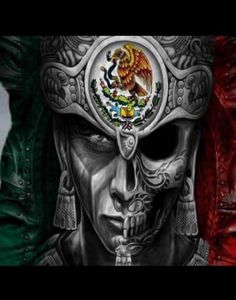 the mexican flag with a skull on it's head and an image of a man in