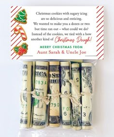 a package of christmas cookies wrapped in dollar bills