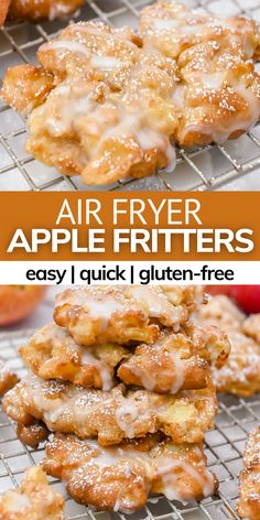 air fryer apple fritters are stacked on top of each other