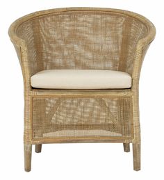 a wicker chair with a white cushion