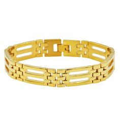 Versatile with a sleek vibe, our mens gold plated stainless steel link bracelet will give him a handsome accent day or night. The modern links keep our stainless steel bracelet stylish. Our link bracelet is great look from work to weekends and the motif adds class. Evocative of eternal flow and bonds of friendship and love, the bravelet is a beloved motif. This stunning, men's link bracelet showcases a classic, this link design fashioned in luminous, stainless steel for a sophisticated finish to Branded Bracelets, Mens Link Bracelet, Mens Bracelets, Link Design, Mens Gold, Steel Bracelet, Stainless Steel Bracelet, Jewelry Branding, Link Bracelets