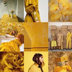 a collage of yellow and brown images with people standing in the background, one woman wearing a yellow dress