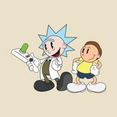 two cartoon characters, one holding a remote control and the other pointing at something in his hand