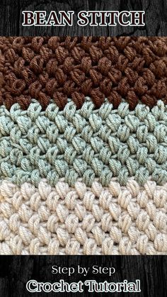 the crochet afghan stitch pattern is shown in brown, white and blue colors