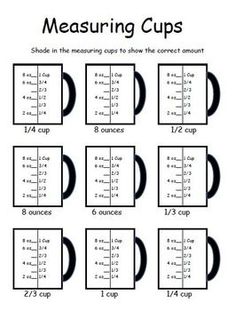 the measuring cups worksheet is shown with numbers and times to be used for measurement