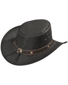 Outback Trading Co. Black Wagga Wagga UPF50 Sun Protection Leather Hat, Black Vintage Leather Hats For Outdoors, Vintage Leather Fedora For Rodeo, Black Leather Hat For Outdoor, Vintage Leather Hat For Western-themed Events, Brown Leather Fedora Hat, Adjustable Vintage Leather Hat, Brown Leather Wide Brim Hat, Adjustable Leather Fedora With Short Brim, Adjustable Hat With Leather Lining And Curved Brim