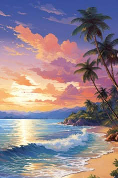 a painting of palm trees on the beach at sunset