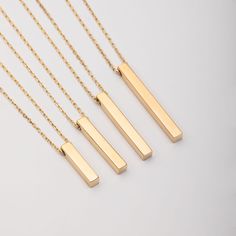 Personalized Vertical Bar Pendant in 14K 18K Real Solid Gold, Four Side Bar Pendant, Two Bar Pendant, Custom Name Date Memorial Bar Pendant * DETAILS: *Material: Real gold, genuine solid gold * OPTIONS: *Gold karat: 14K Gold, and 18K Gold *Gold Color: Yellow Gold, White Gold, Rose Gold *Finish: Shiny, Matte *Chain Thickness : 0.84mm *Available Size Options: - Mini Size: 3.0 mm x 1.5 cm - Small Size: 3.0 mm x 2.0 cm - Medium Size: 3.0 mm x 2.5 cm - Long Size: 3.0 mm x 3.0 cm ✍ ENGRAVING: *We can Luxury Modern Gold Bar Necklace, Side Bar, Bar Pendant Necklace, Vertical Bar, Custom Bar, Gold Fashion Necklace, Birkenstock Sandals, Bar Pendant, Gold Bar