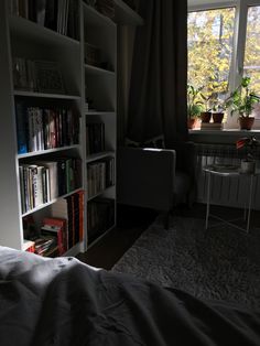 a bedroom with a bed, bookshelf and window