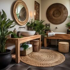 a bathroom with two sinks and plants in it