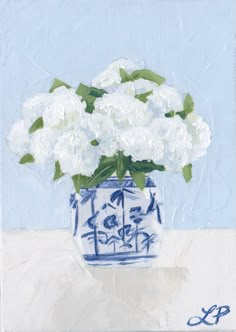 a painting of white flowers in a blue and white vase