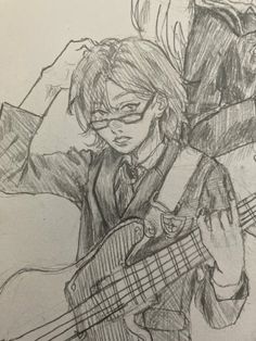 a pencil drawing of a person holding a guitar in front of a man with glasses