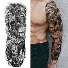 a man with tattoos on his arms and shoulder, next to an image of the same tattoo