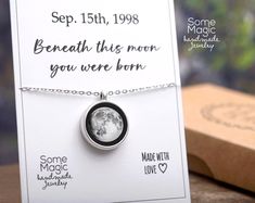 "Personalized Moon Necklace, Custom Birth Moon Phase, Personalized Moon Jewelry, Personalized Gift For Women, Custom Jewelry Gift For Mom Beautiful birthday gift for a women, who will love this necklace and will think of you every time she wears it ♥ ➳ Just enter the date that means something to you and I will make a necklace from the moon phase which appeared that night. Necklace comes with a custom GIFT CARD (with your chosen date) and a GIFT BOX ready for gift giving! Moon size is 0.6\" (16mm). Chain length is 16\" (40cm) + 2\" (5cm) for a perfect fit! If you need chain of different length, feel free to write it in the comment section during the checkout. Back to SomeMagic shop ↠ www.etsy.com/shop/SomeMagic" Birth Moon Phase, Birth Moon, Custom Gift Cards, Moon Phases Necklace, Jewelry Personalized, Cute Box, Personalized Pendant, Moon Jewelry, Moon Necklace