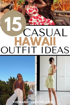 several photos with the words 15 casual hawaiian outfit ideas in front of an image of two women