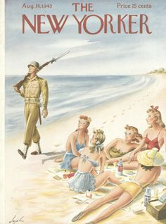 an advertisement for the new yorker, featuring women in bathing suits on the beach