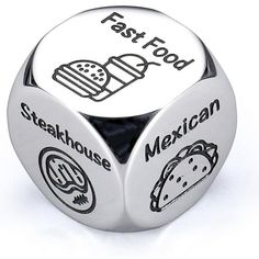 a metal dice with the words fast food, steakhouse mexican and hot dog on it