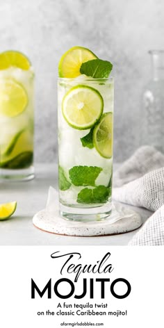 two glasses filled with lemonade and mint mojito on top of a table