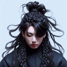 a woman with long black hair and braids on her head