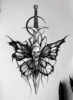 a drawing of a butterfly with a skull on it's wings and a knife in the middle