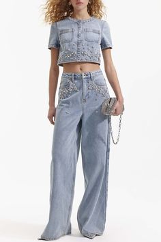 self-portrait-Embellished Jeans- Outfit For Blue Jeans, Cool Pants Design, Dress Fabrics, Denim Crop Top, Embellished Denim, Embellished Jeans, Cargo Skirt, Washed Denim, Light Blue Denim