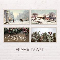 three christmas cards on a white brick wall with the words frame it art above them