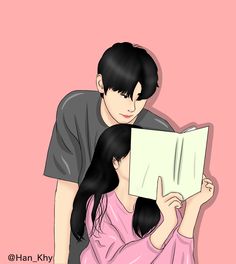 a man reading a book to a woman with long black hair on her head and wearing a pink shirt