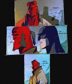 three paneled images of batman and red hoods