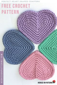 four crocheted hearts sitting on top of each other with the text, free crochet pattern hooked on patterns