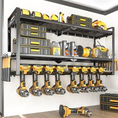 there are many tools on the shelf in this room, including drillers and screwdrivers