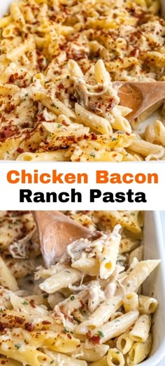 chicken bacon ranch pasta in a white casserole dish