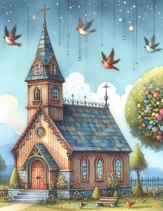 a painting of a church with birds flying around it