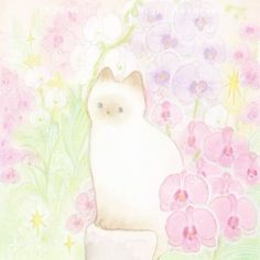 a painting of a cat surrounded by flowers