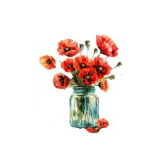 watercolor painting of red flowers in a blue mason jar on a white background with clippings