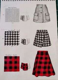 a drawing of different types of clothing on a sheet of paper with black and white checkers