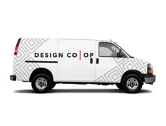 a white van with the word design coop on it