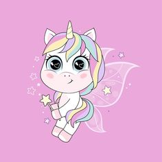 a cute little unicorn with stars on it's head and wings, holding a wand