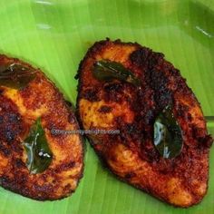 two pieces of food on a green plate