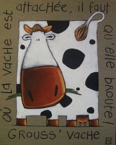 a painting of a cow with words written on it