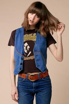 Rainbow Rollerway Denim Vest – Stoned Immaculate Vintage 70s Jean Jacket Outfit, 70s Outfits Denim, 70s Denim Vest Outfit, 70s Waistcoat Outfit, 70s Denim Vest, Vintage Denim Vest Outfit, Retro Vest Outfit, 70s Vest Outfits For Women, Jeans Vest Outfits For Women